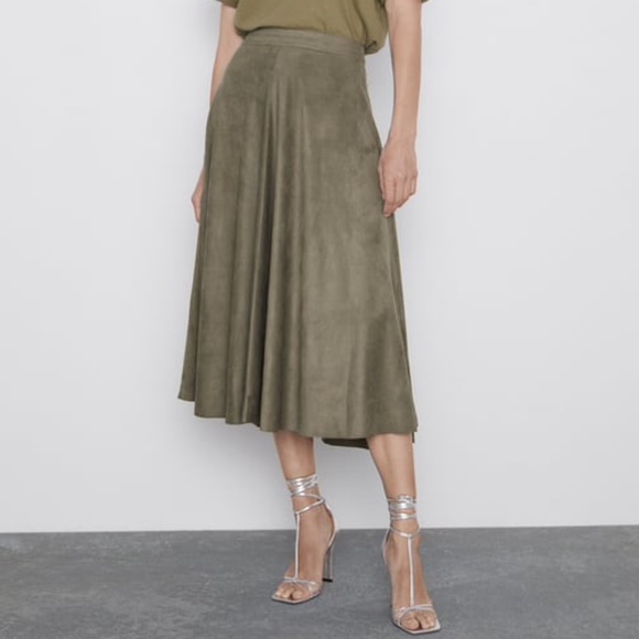 Zara Army Green Faux Suede Midi Skirt S XS - Picture 2 of 8